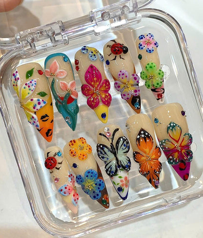 Flower Butterfly Press On Nails: 3D Floral Garden Nail Art