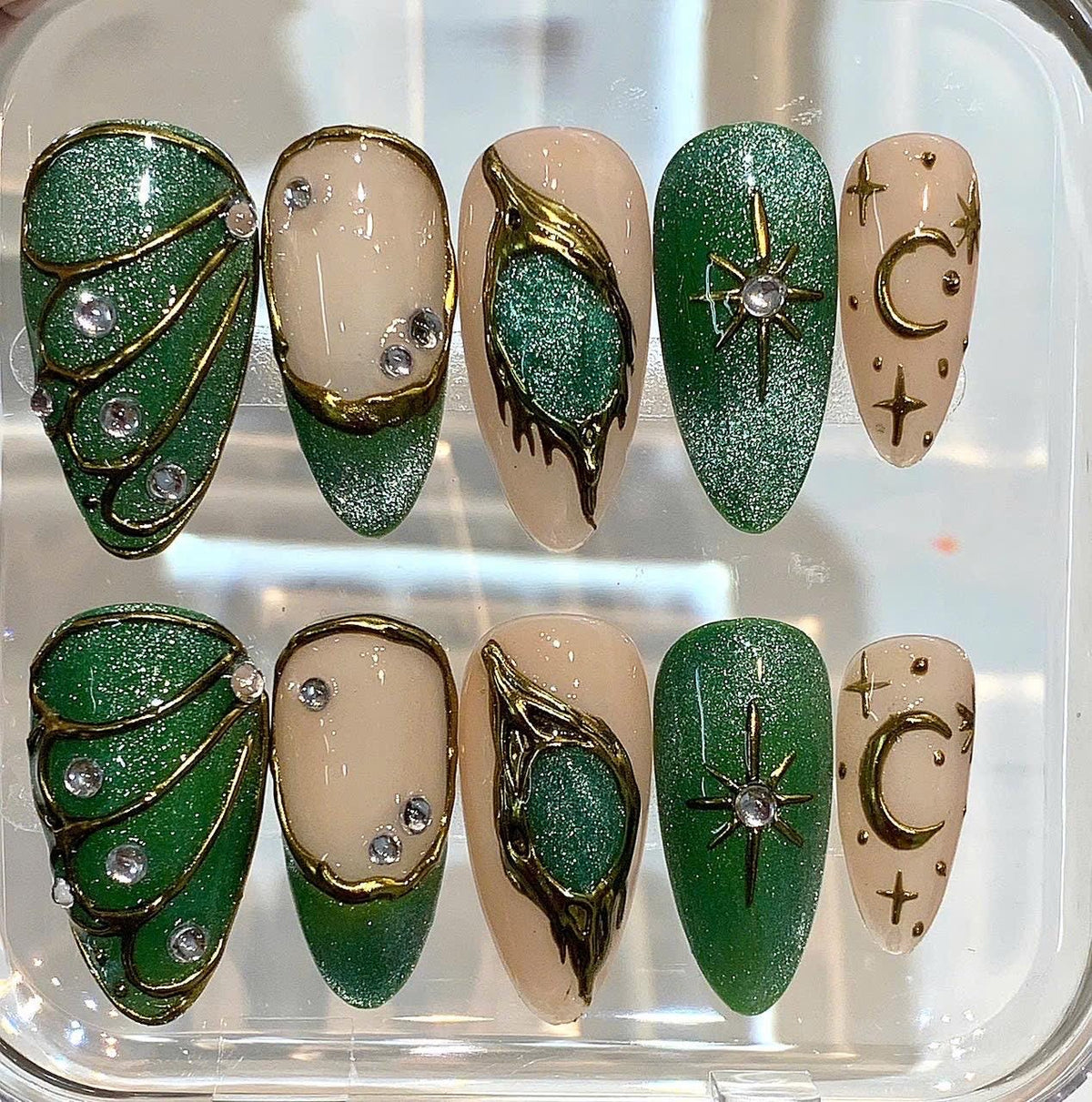 Emerald Glitter Press On Nails | Gold Moon Star Nail Art