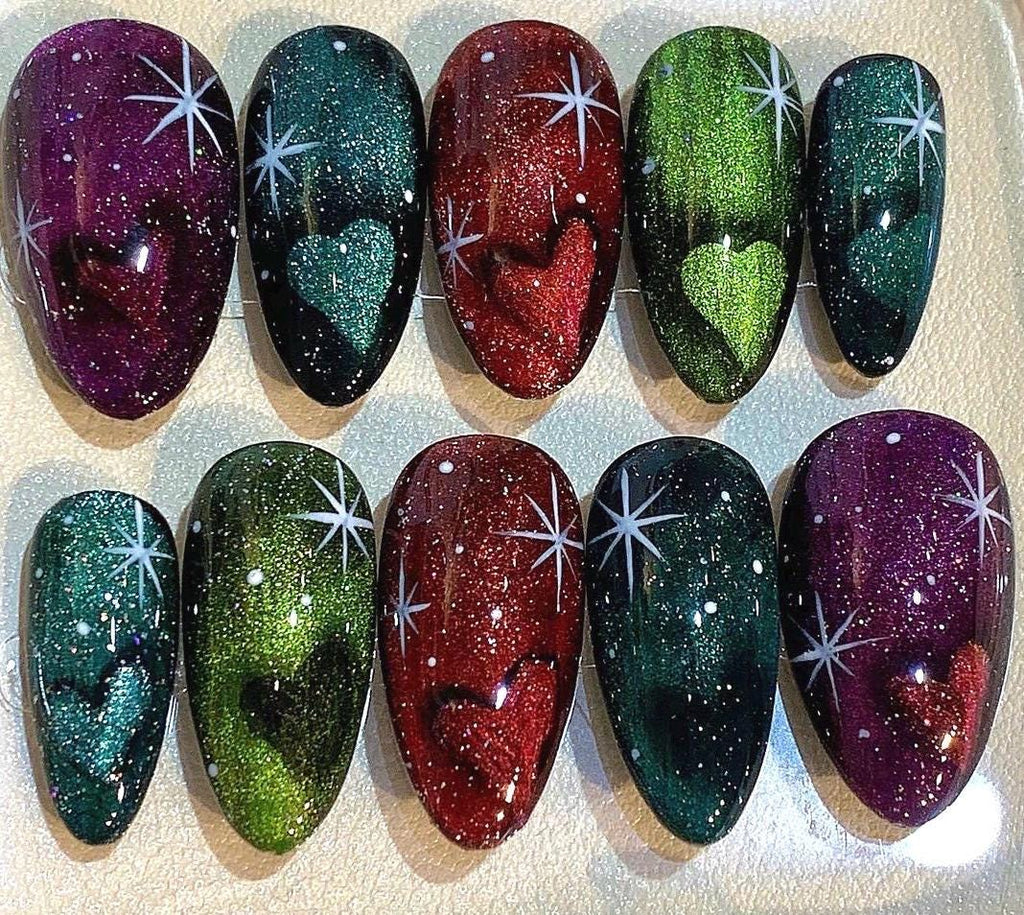 Galaxy Cat Eye Press On Nails: Handmade Starry Glitter Nail Art