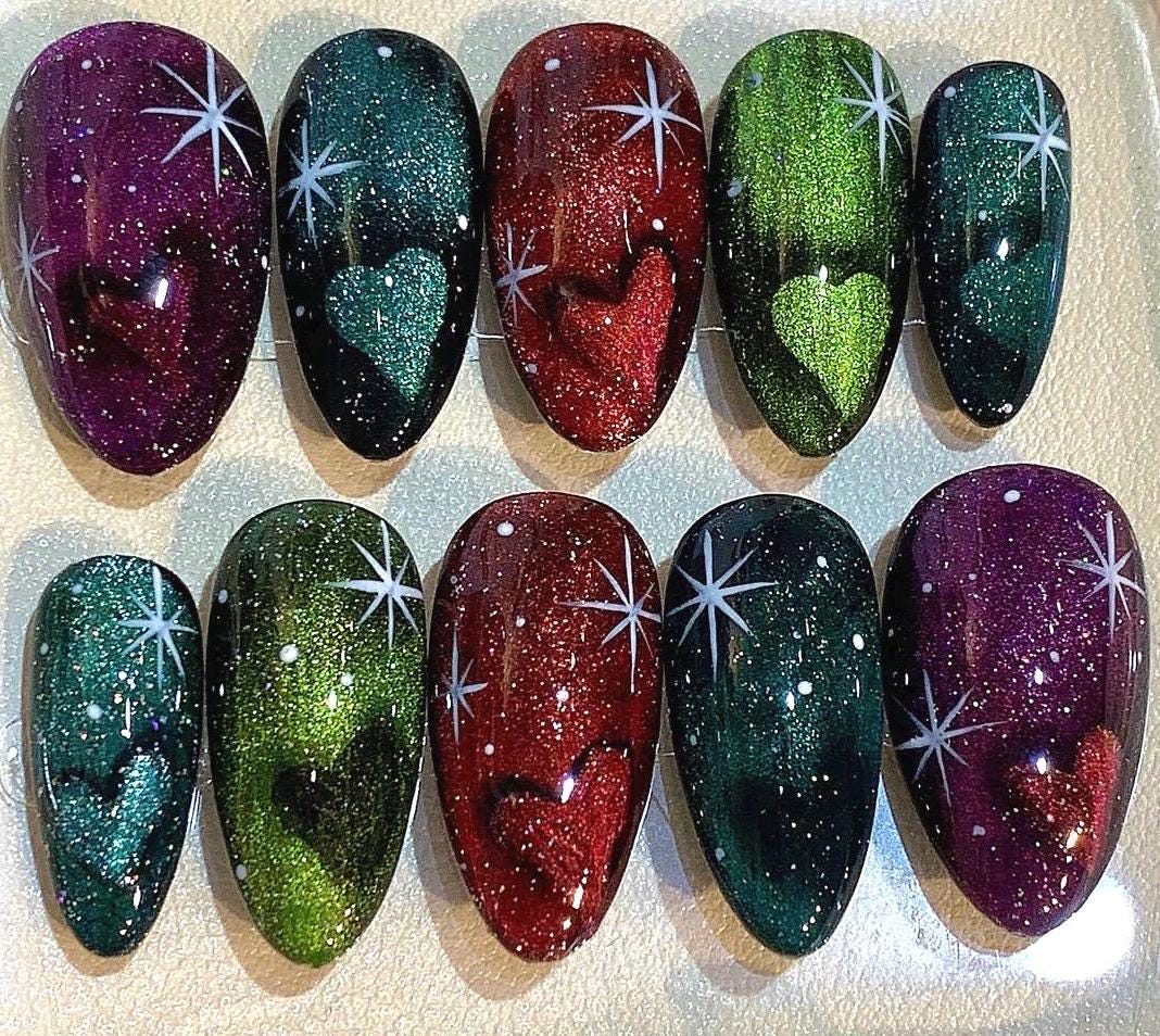 Galaxy Cat Eye Press On Nails: Handmade Starry Glitter Nail Art