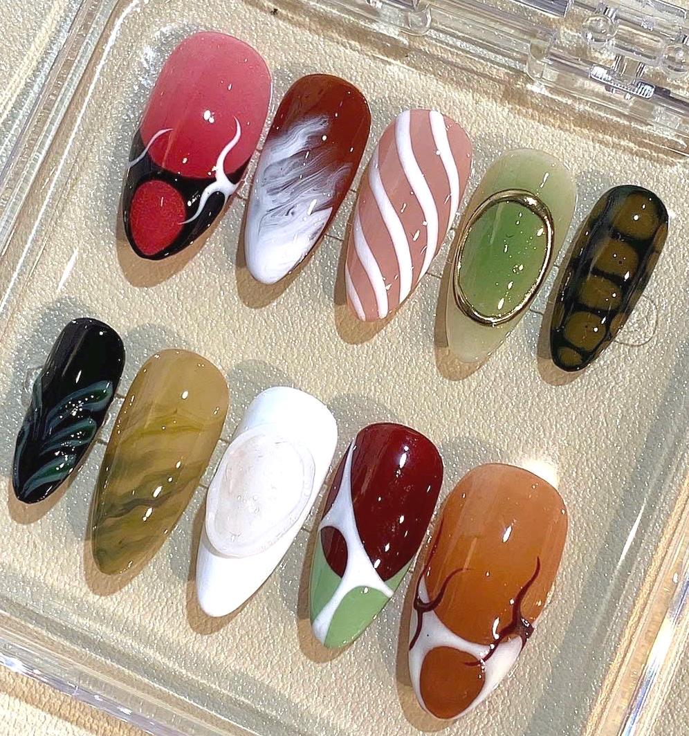 Abstract Press On Nails – Retro Swirl, Marble & Geometric Nail Art – Handmade False Nails
