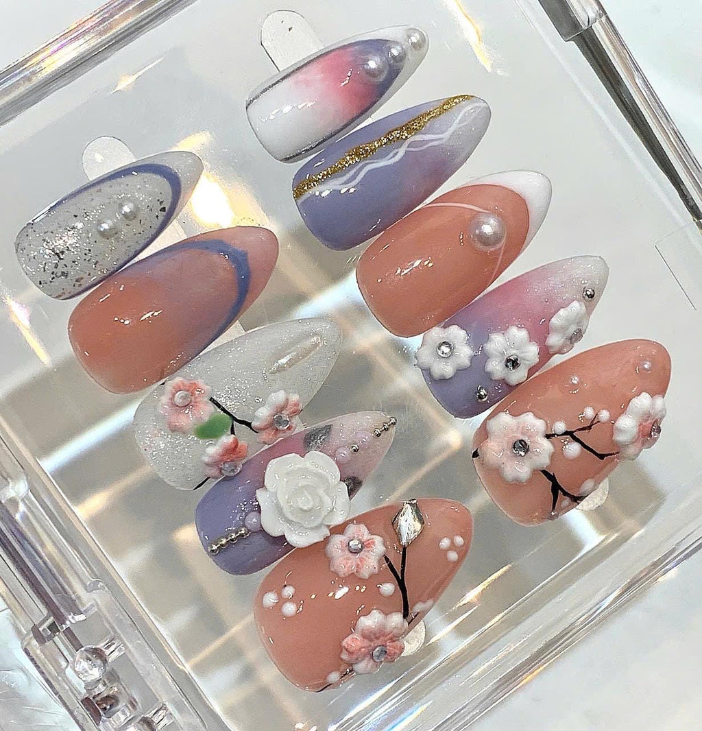 3D Floral Press On Nails | Pink & Purple Spring Manicure