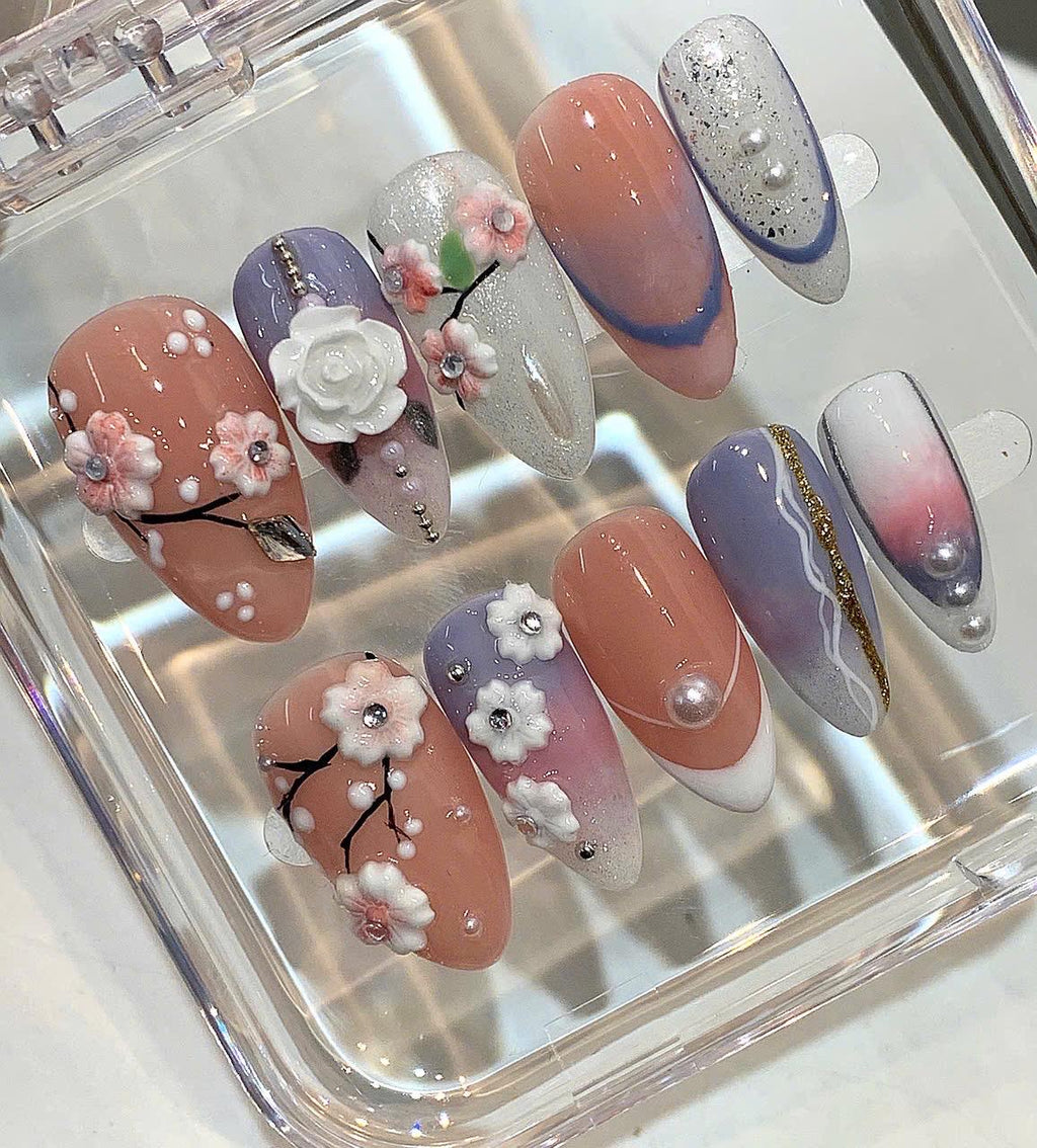 3D Floral Press On Nails | Pink & Purple Spring Manicure