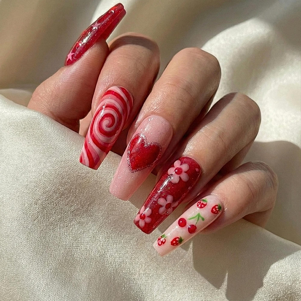 Cherry Candy Valentine Press On Nails for Girlfriends | Red Heart Swirl Nails for Teens & Kawaii Lovers | Cute Floral Nail for Girl | JB287H