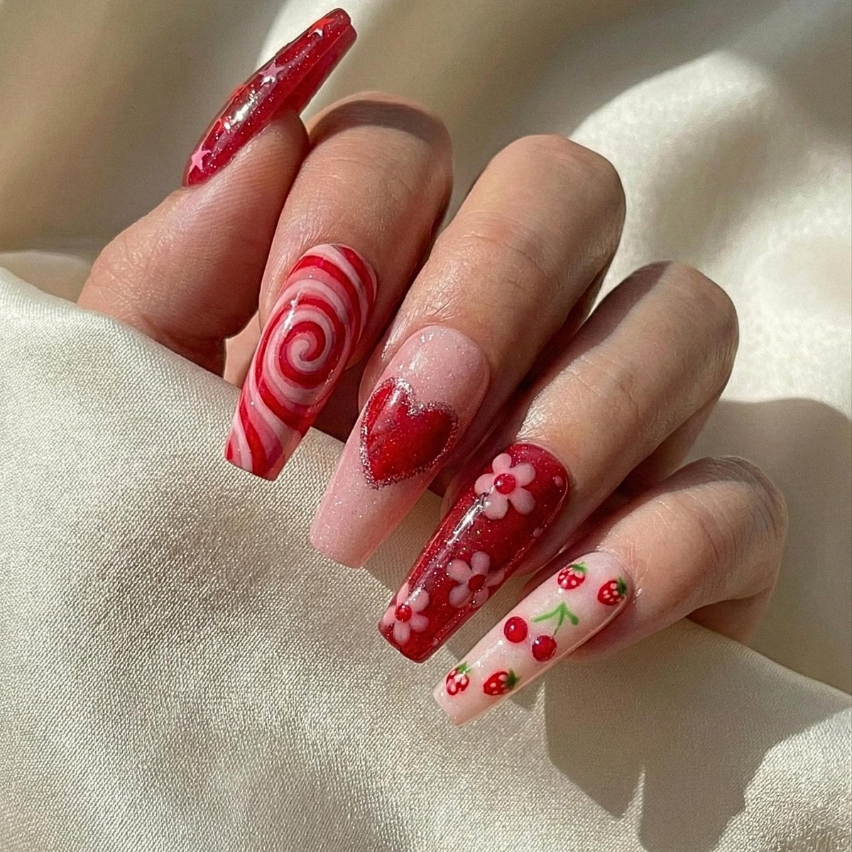 Cherry Candy Valentine Press On Nails for Girlfriends | Red Heart Swirl Nails for Teens & Kawaii Lovers | Cute Floral Nail for Girl | JB287H