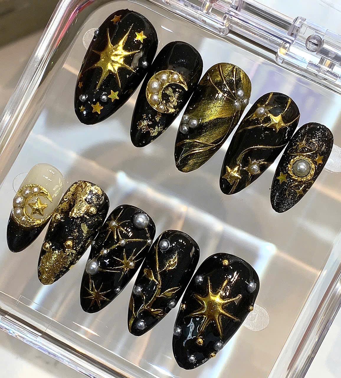 Black Gold Celestial Press On Nails | Pearl Moon Star Handmade Nail Set