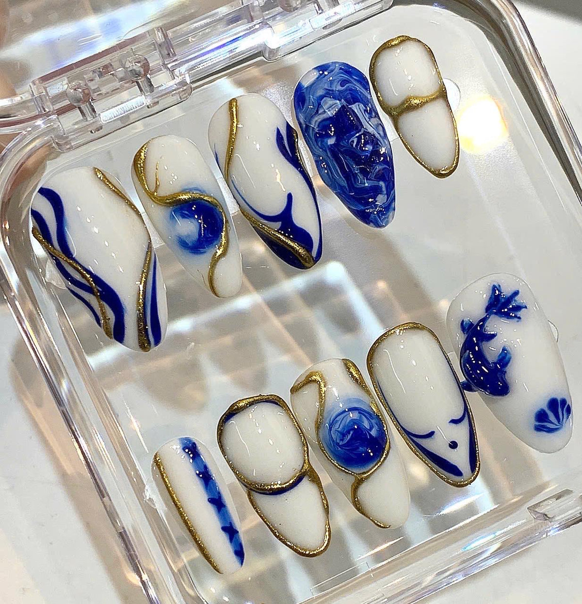 Blue White Porcelain Press On Nails | Gold Outline Abstract Nails | Luxury Handmade Nail Set