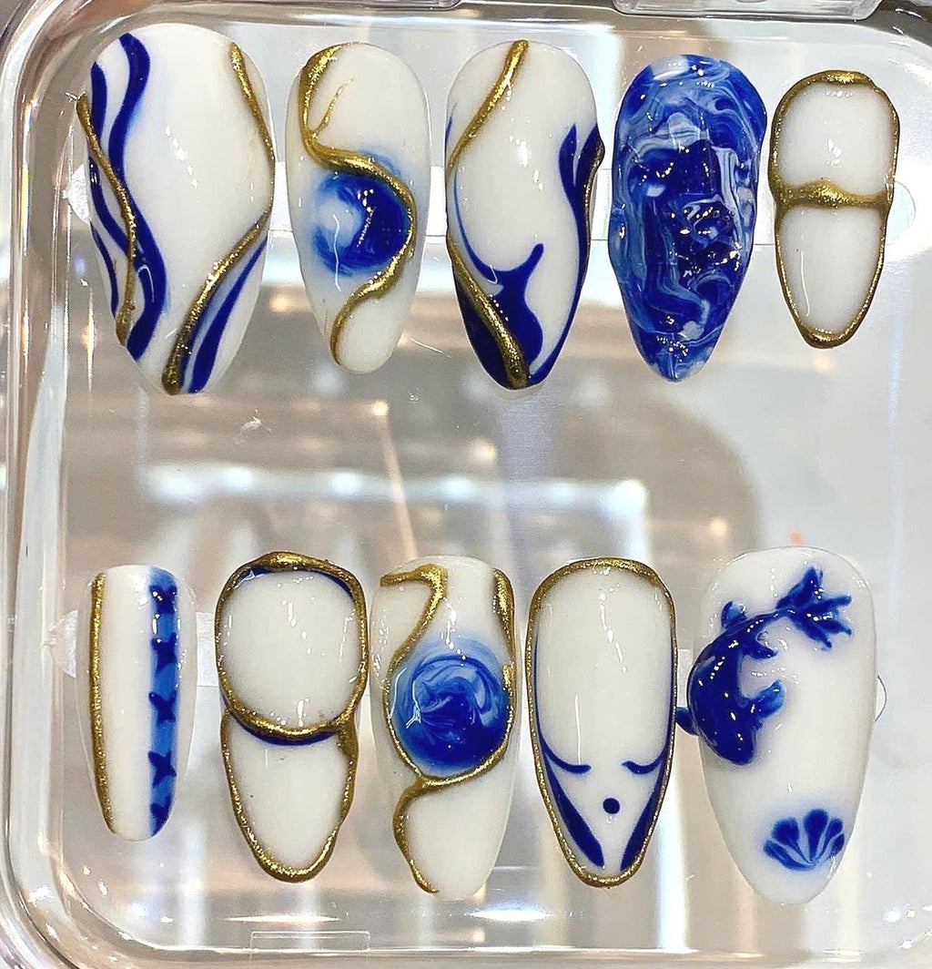Blue White Porcelain Press On Nails | Gold Outline Abstract Nails | Luxury Handmade Nail Set