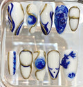Blue White Porcelain Press On Nails | Gold Outline Abstract Nails | Luxury Handmade Nail Set