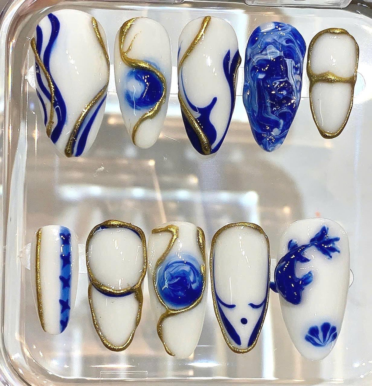 Blue White Porcelain Press On Nails | Gold Outline Abstract Nails | Luxury Handmade Nail Set