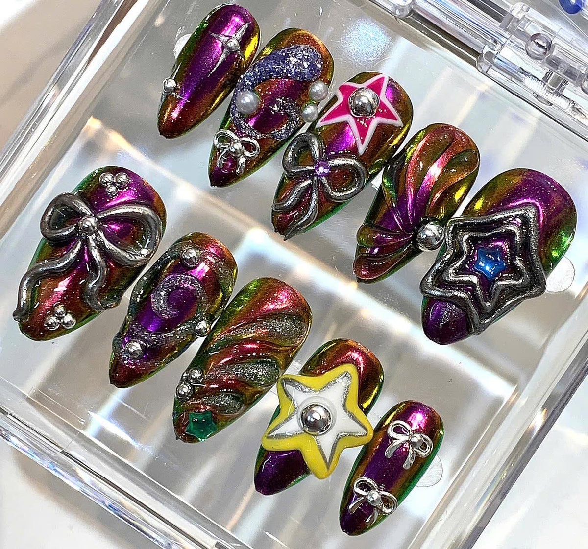 Rainbow Chrome Press On Nails | Y2K Star Bow Statement Nail Set