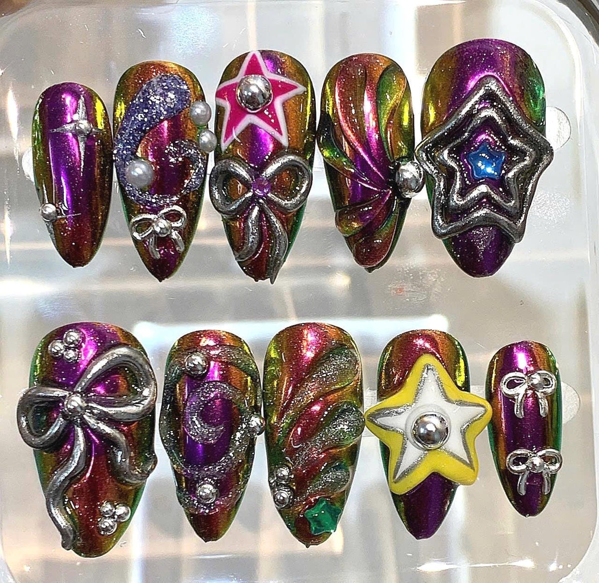 Rainbow Chrome Press On Nails | Y2K Star Bow Statement Nail Set