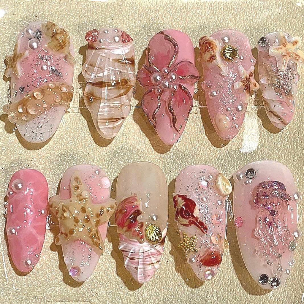 3D Seashell Press On Nails: Pink Beige Mermaid Nail Art