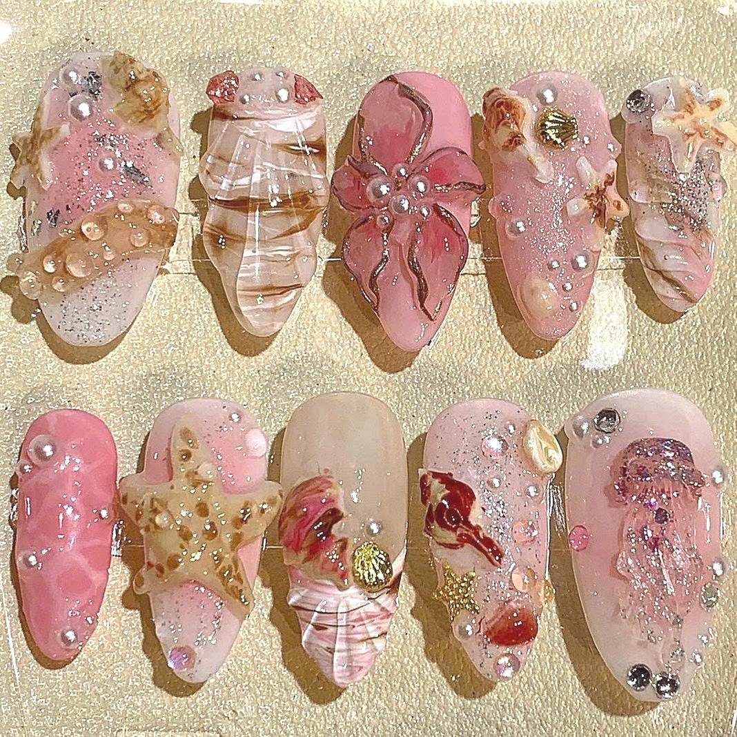 3D Seashell Press On Nails: Pink Beige Mermaid Nail Art