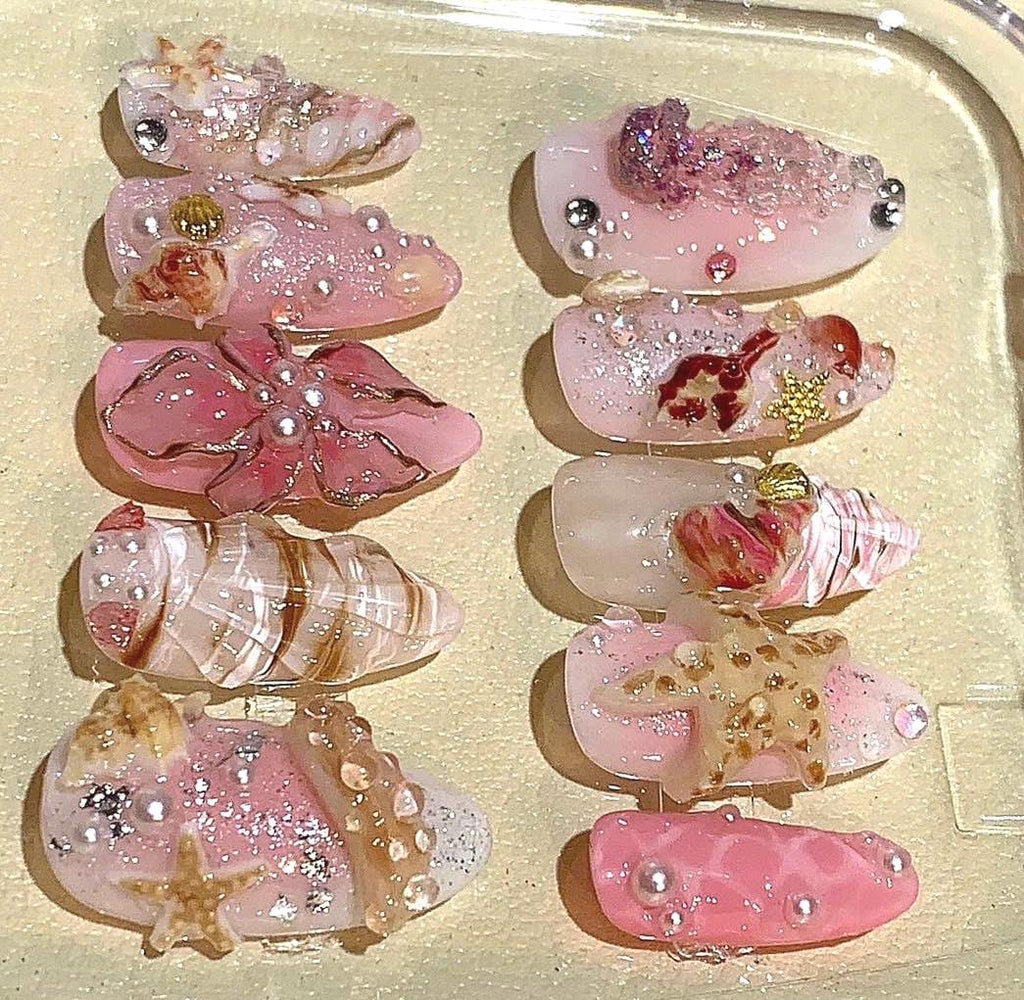 3D Seashell Press On Nails: Pink Beige Mermaid Nail Art