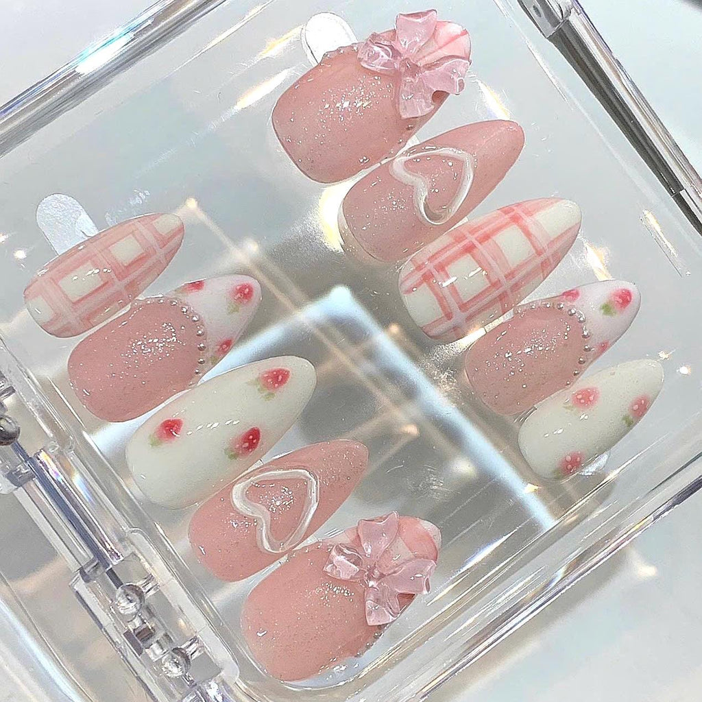 Handmade Pink Strawberry Press On Nails – Bow Heart Coquette Set