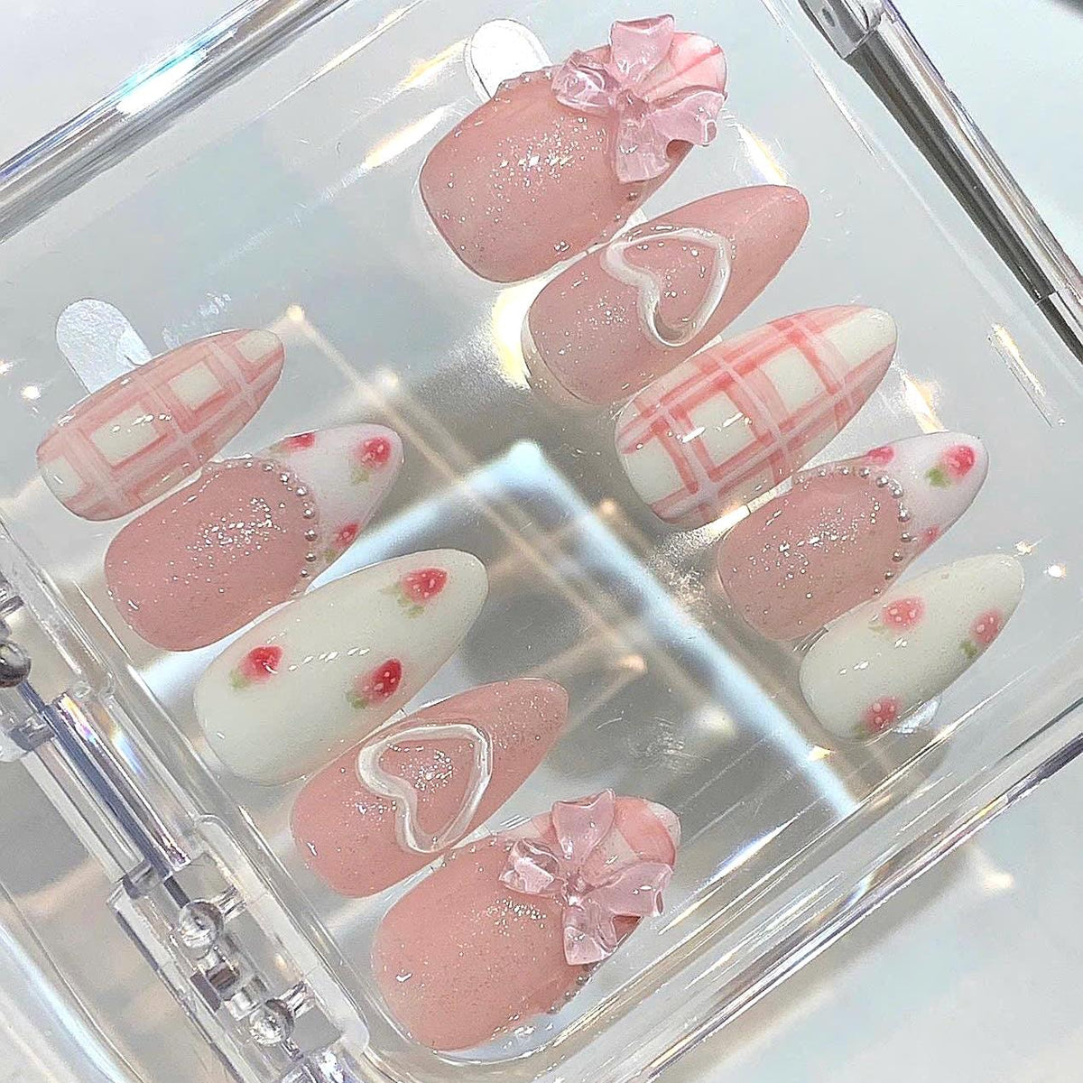 Handmade Pink Strawberry Press On Nails – Bow Heart Coquette Set