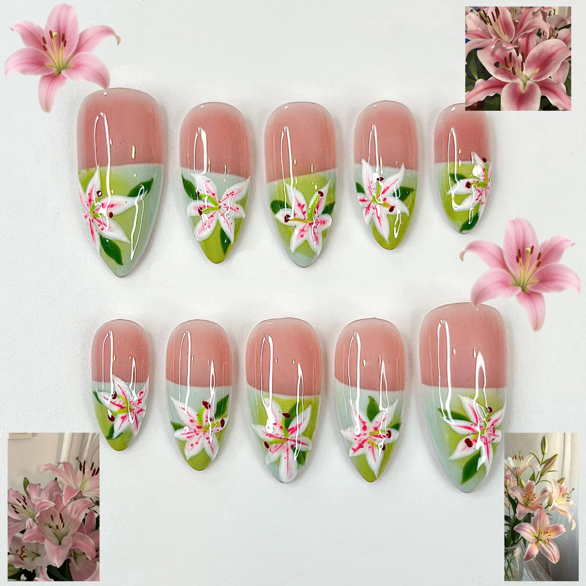 Soft Lily Floral Press On Nails for Spring | Pink Green Flower Nails | Lilies Nail Art | Botanical Press Ons | Romantic Spring Nail| JB294HC