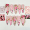 Pink Rose Press On Nails for Bridal | Handmade Rose Flower Nails with Pearls | Elegant Wedding Press Ons | Gold Frame Floral Nails | JB295HC