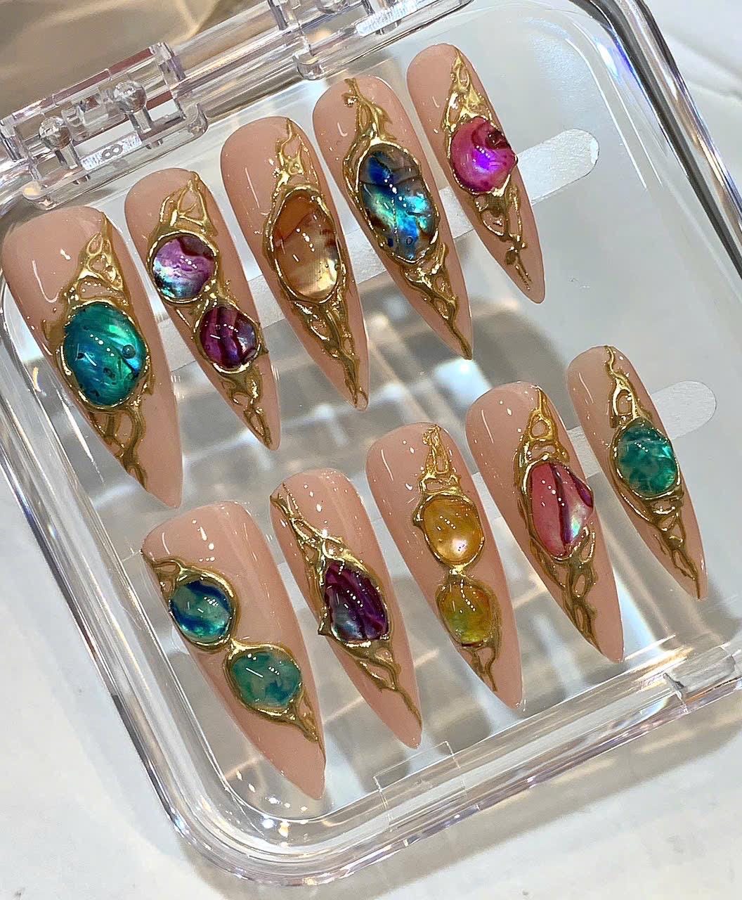 Opal Gem Press On Nails | Gold Frame Nude Nails | Luxury Crystal Handmade Nail Set