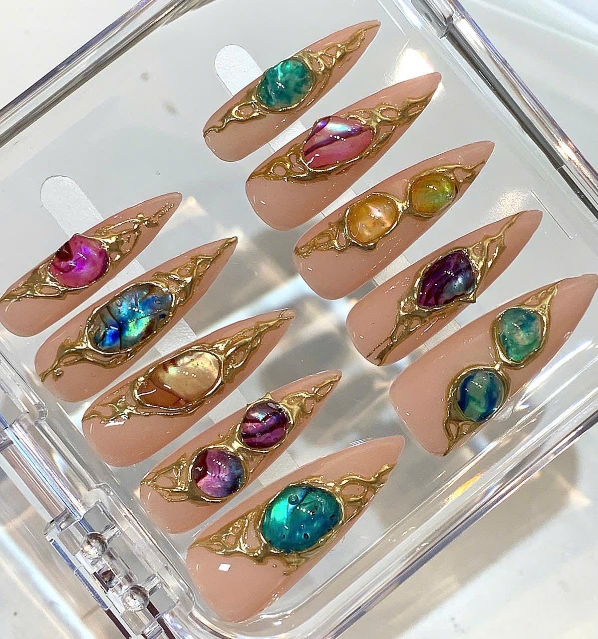 Opal Gem Press On Nails | Gold Frame Nude Nails | Luxury Crystal Handmade Nail Set