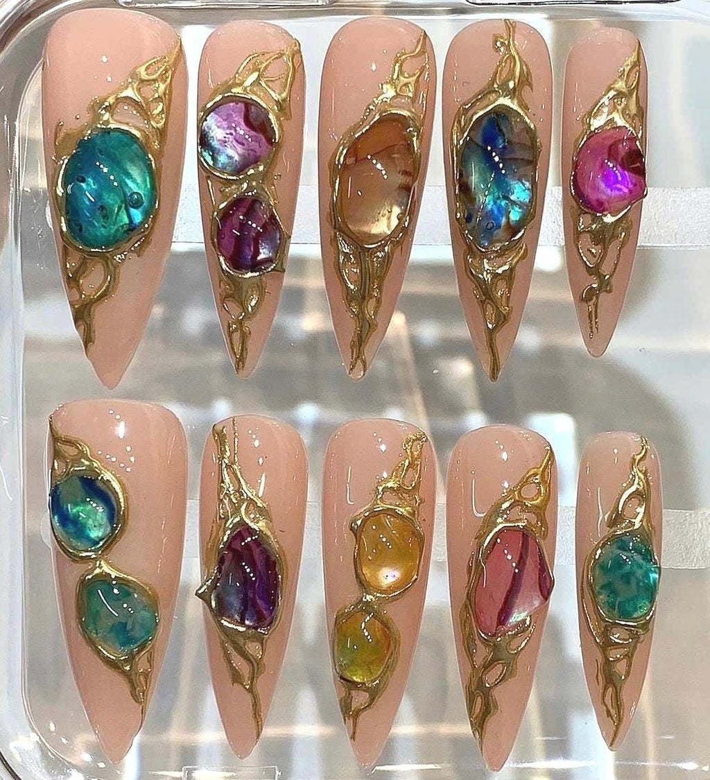 Opal Gem Press On Nails | Gold Frame Nude Nails | Luxury Crystal Handmade Nail Set