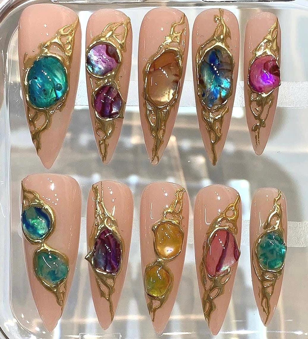 Opal Gem Press On Nails | Gold Frame Nude Nails | Luxury Crystal Handmade Nail Set