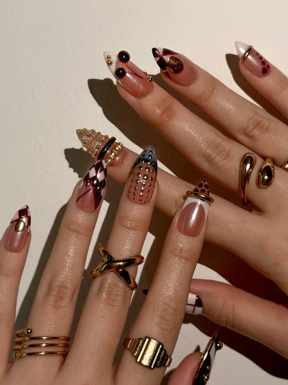 Gold Ring Luxury Press On Nails | Pearl Nude & Gold Hardware Nails | Luxury Gilded Almond Nail Art | High Fashion Jewelry Nail Set | JB296EC