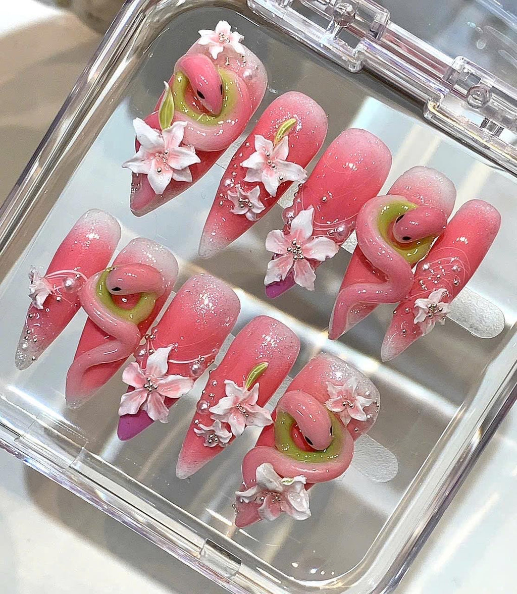 Pink Snake Press On Nails - 3D Floral Ombre, Pearls & Glitter