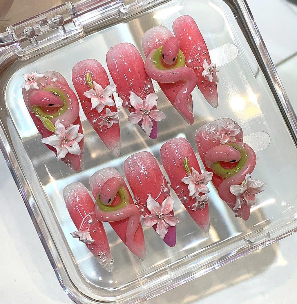 Pink Snake Press On Nails - 3D Floral Ombre, Pearls & Glitter