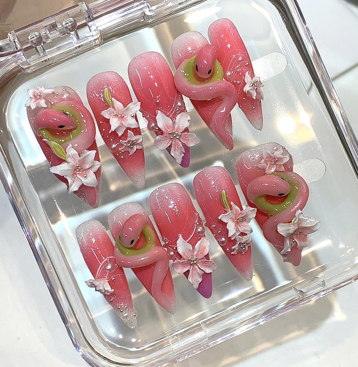 Pink Snake Press On Nails - 3D Floral Ombre, Pearls & Glitter