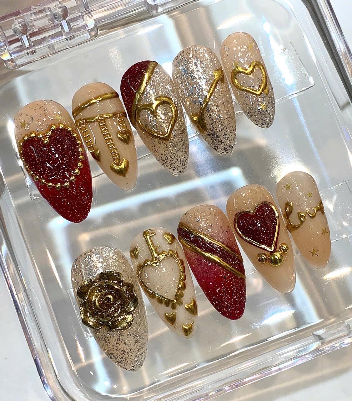 Valentine Press On Nails | Red Heart Nude Nails | Luxury Handmade Nail Set