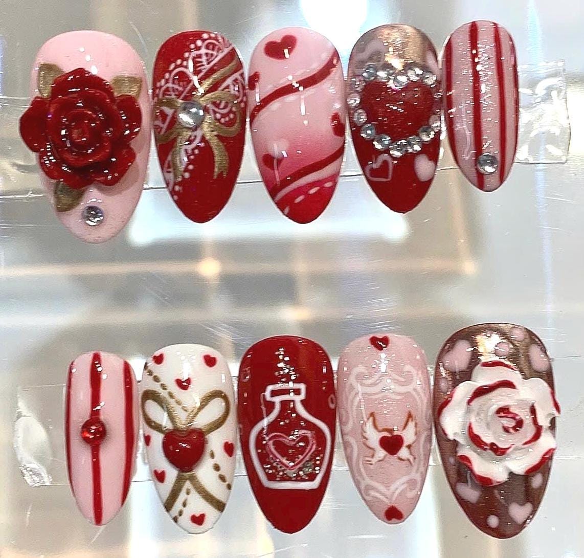 Valentine Press On Nails | Red Pink Heart Nails | Luxury Handmade Nail Set