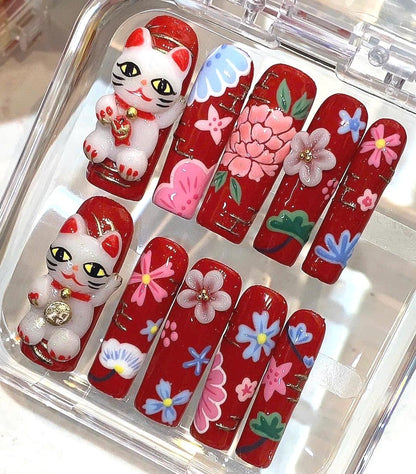 Lucky Cat Press On Nails – Red Floral Japanese False Nail Set