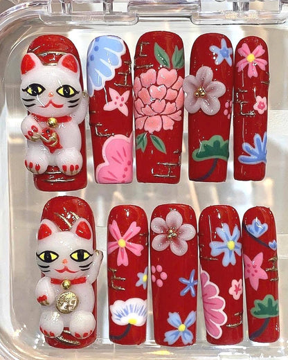 Lucky Cat Press On Nails – Red Floral Japanese False Nail Set