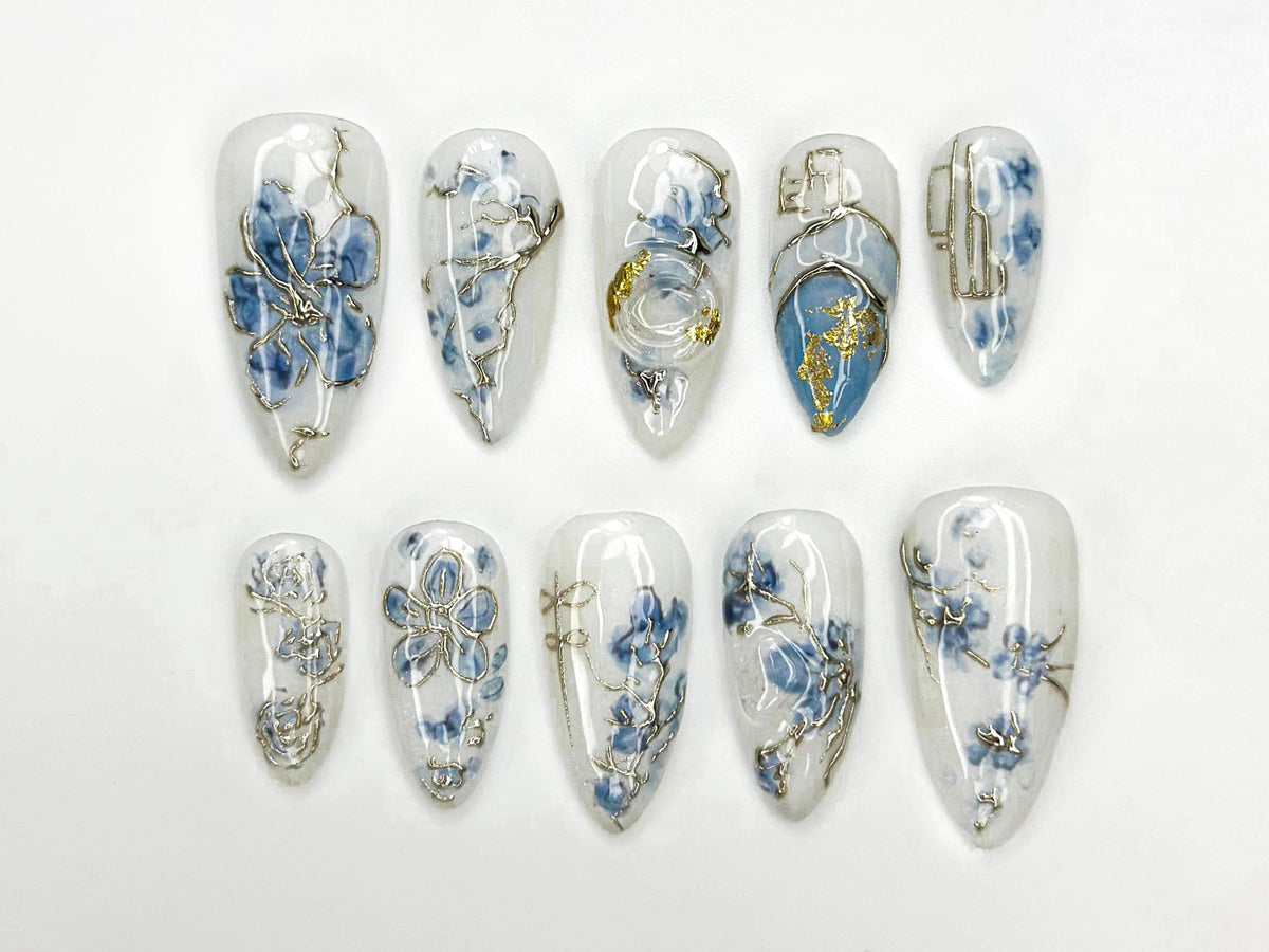 Blue Bloom Elegant  Press On Nails | Chinese Luxury Floral Nails | Gold Wire Stiletto Nails | Clear Luxury Art Press Ons | JC299EC