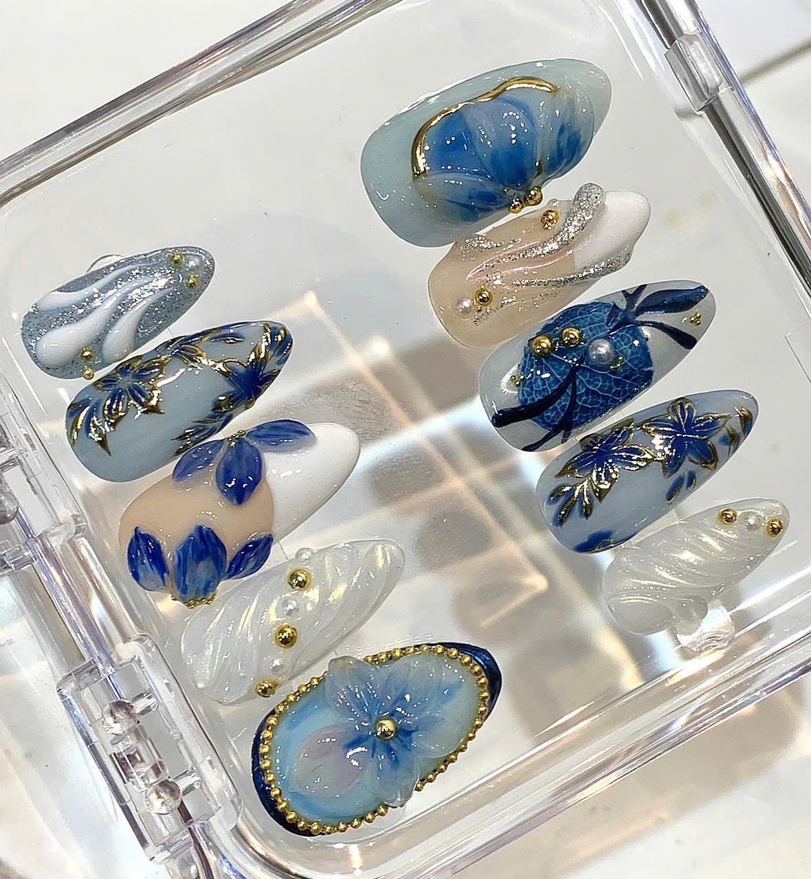 Blue Floral Press On Nails | Luxury 3D Flower Nails | Handmade Elegant Nail Set