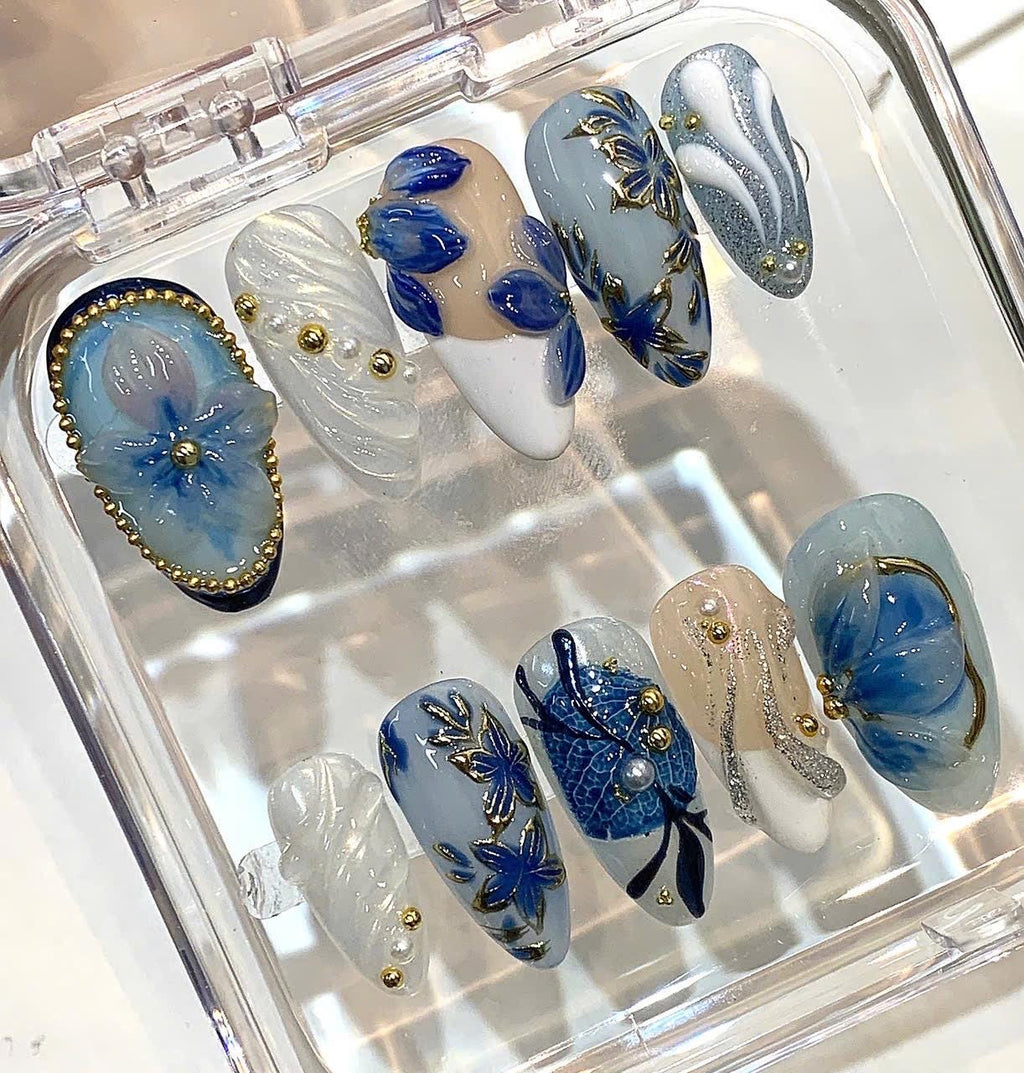 Blue Floral Press On Nails | Luxury 3D Flower Nails | Handmade Elegant Nail Set