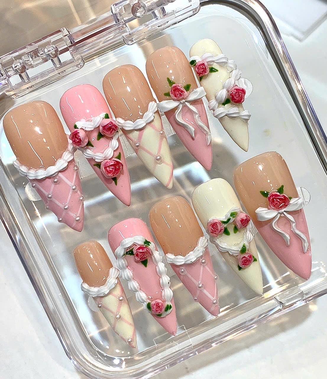 Pink Floral Press On Nails | Coquette 3D Rose Nails | Handmade Romantic Nail Set