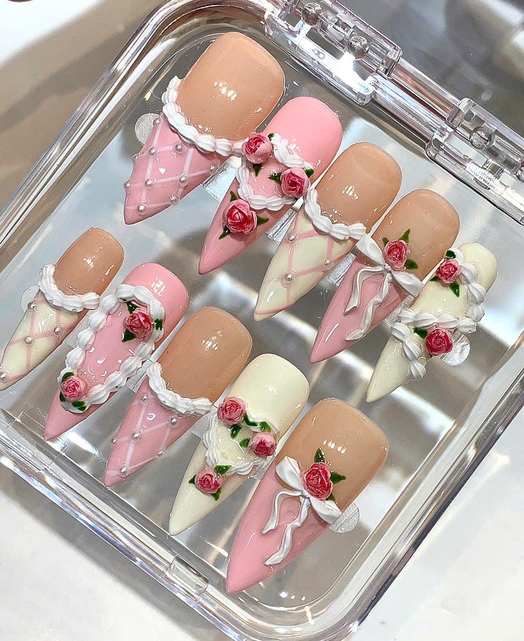 Pink Floral Press On Nails | Coquette 3D Rose Nails | Handmade Romantic Nail Set