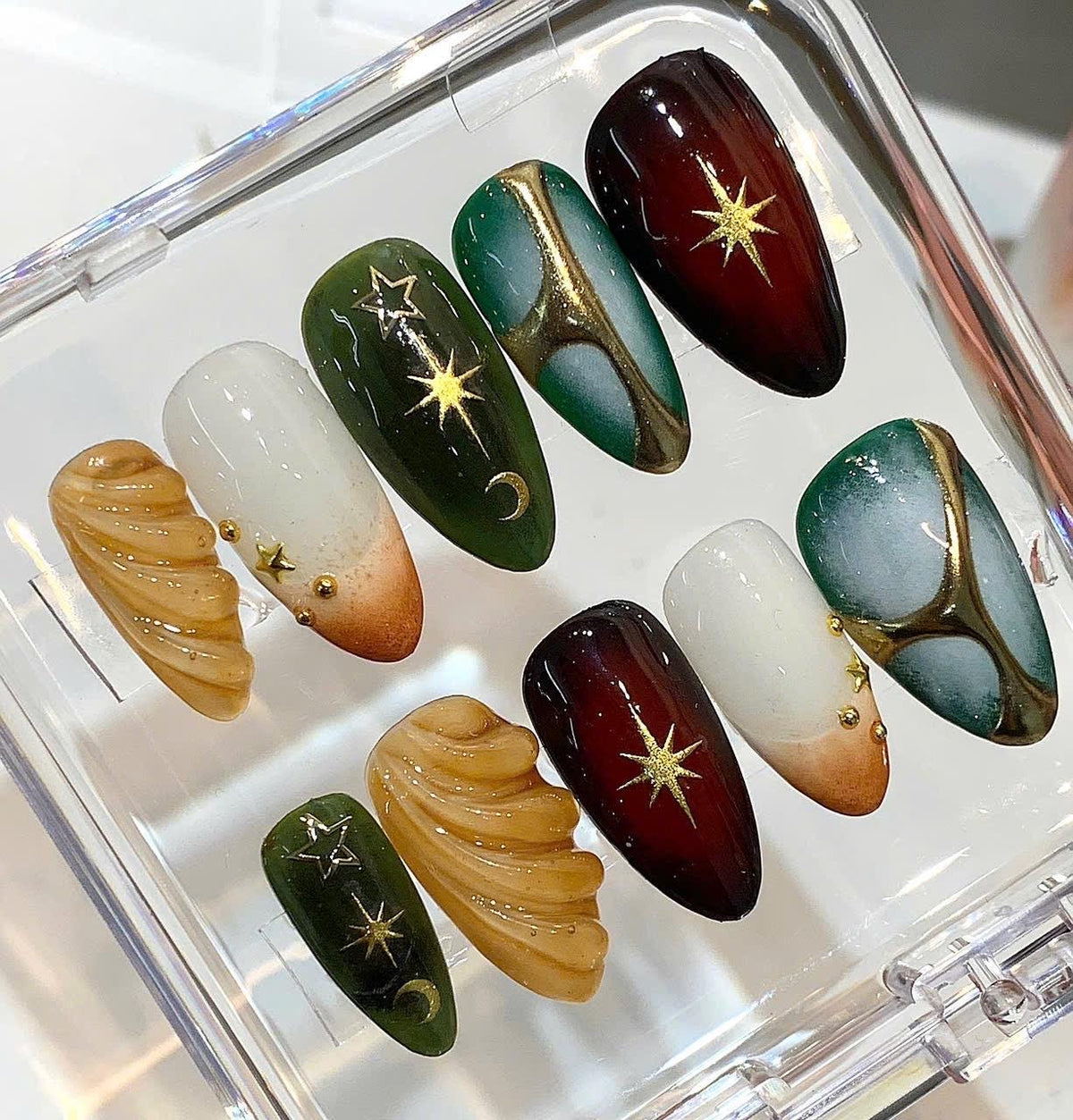 Celestial Press On Nails | Green Marble Gold Star Nails | Luxury Handmade Nail Set