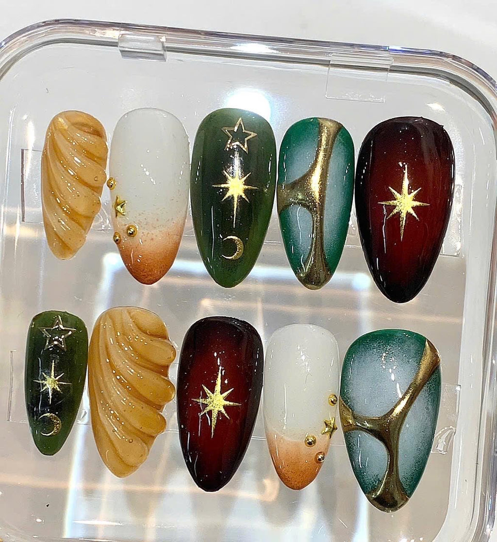 Celestial Press On Nails | Green Marble Gold Star Nails | Luxury Handmade Nail Set