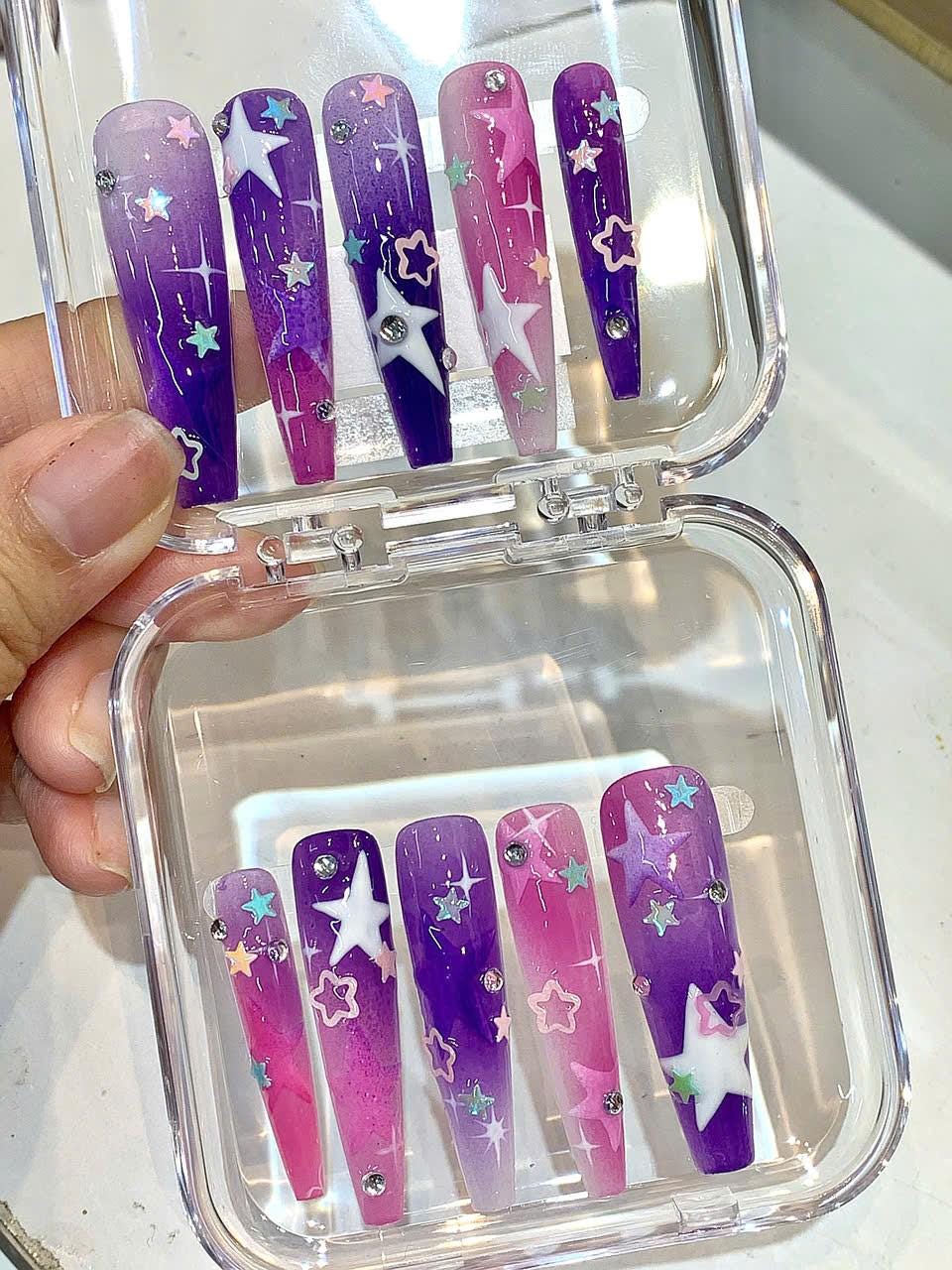 Y2K Star Press On Nails: Purple Pink Cosmic Ombre, Celestial Glitter