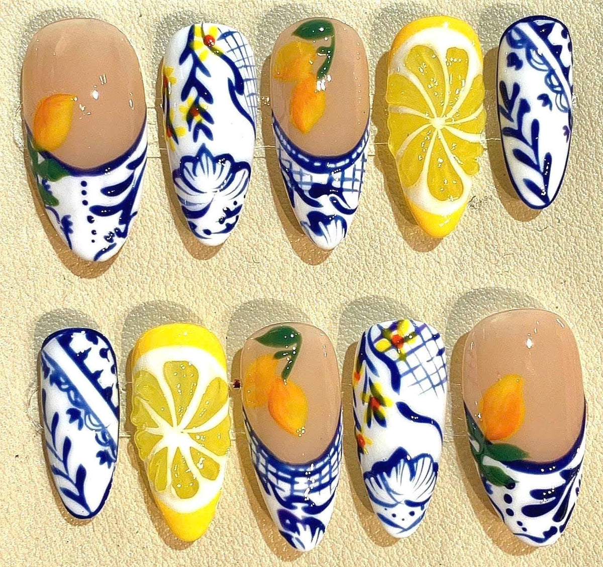 Handmade Ceramic Style Lemon Press On Nails: Mediterranean Citrus Design