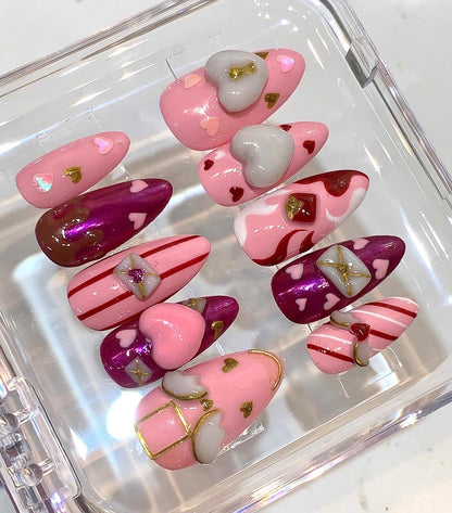 Valentine Press On Nails | Pink Heart 3D Love Nails | Handmade Nail Set
