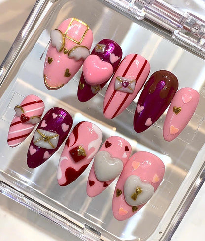 Valentine Press On Nails | Pink Heart 3D Love Nails | Handmade Nail Set