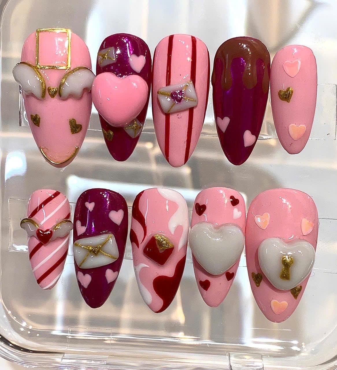 Valentine Press On Nails | Pink Heart 3D Love Nails | Handmade Nail Set