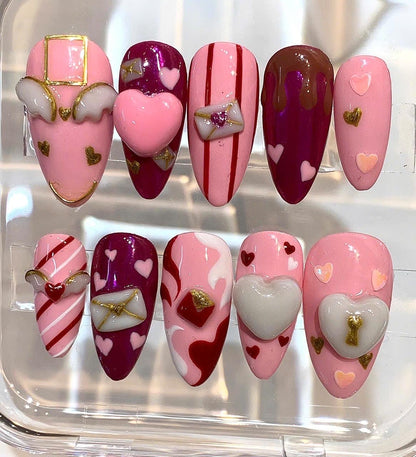 Valentine Press On Nails | Pink Heart 3D Love Nails | Handmade Nail Set