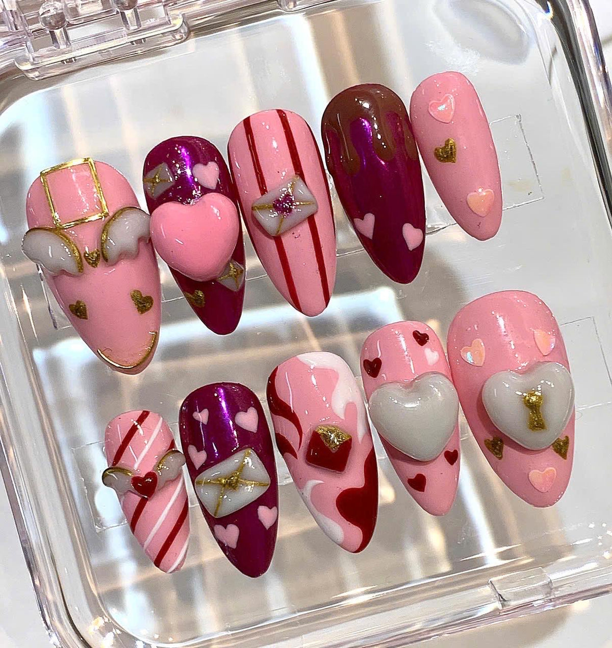 Valentine Press On Nails | Pink Heart 3D Love Nails | Handmade Nail Set