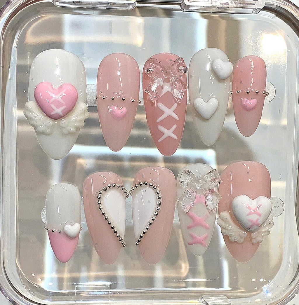 Angel Heart Press On Nails | Pink White Coquette Nails | 3D Bow Valentine Nail Set